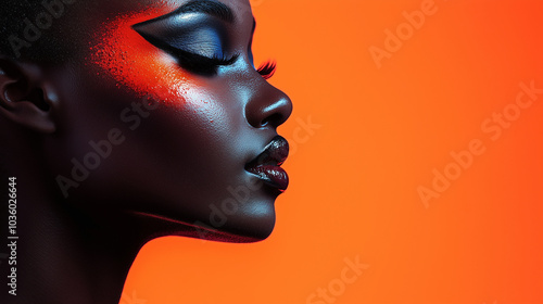 Black woman with Halloween makeup, cosmetology beauty banner with copy space