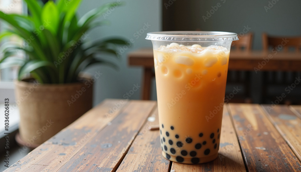 Iced bubble tea with tapioca pearls on rustic wooden table in indoor cafe Iced bubble tea with tapioca pearls on rustic wooden table in indoor cafe