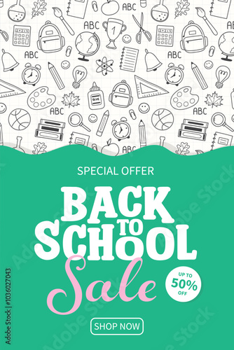 Back to School Sale card with hand drawn icons. Vector illustration