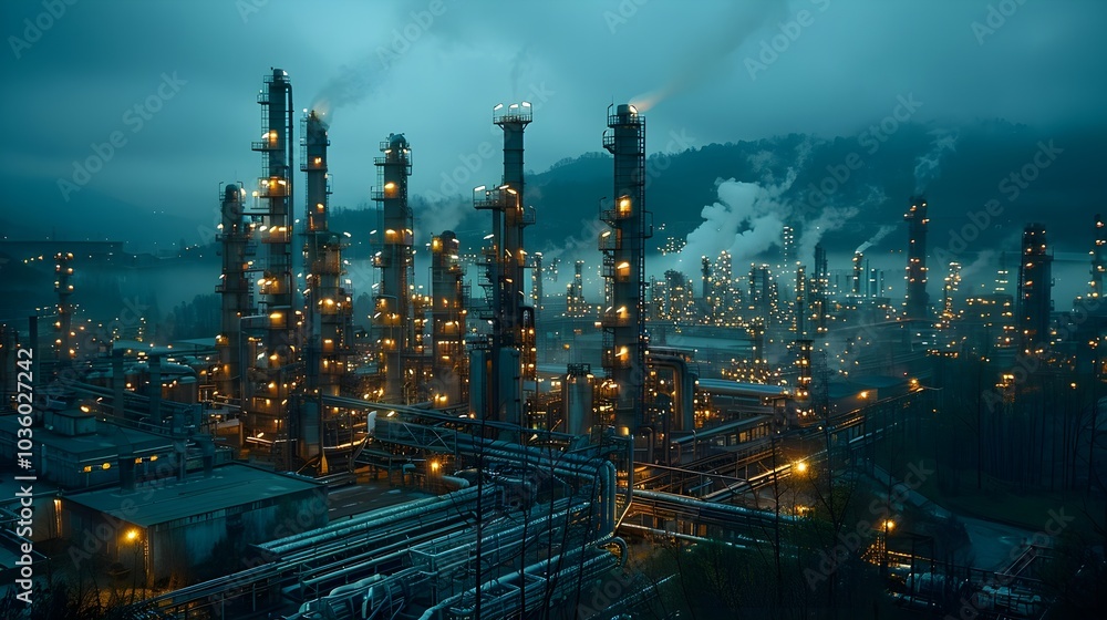 Fototapeta premium Illuminated Industrial Refinery at Night – Factory Skyline with Pipes and Towers.