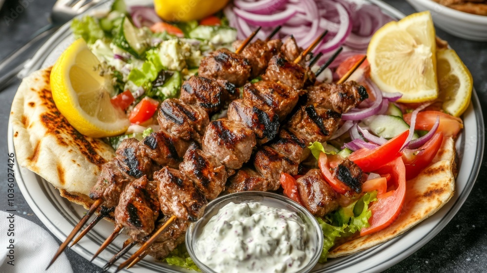 A delightful platter of Greek souvlaki skewers, grilled meat skewers served with pita bread, tzatziki sauce A delightful platter of Greek souvlaki skewers, grilled meat skewers served with pita bread, tzatziki sauce