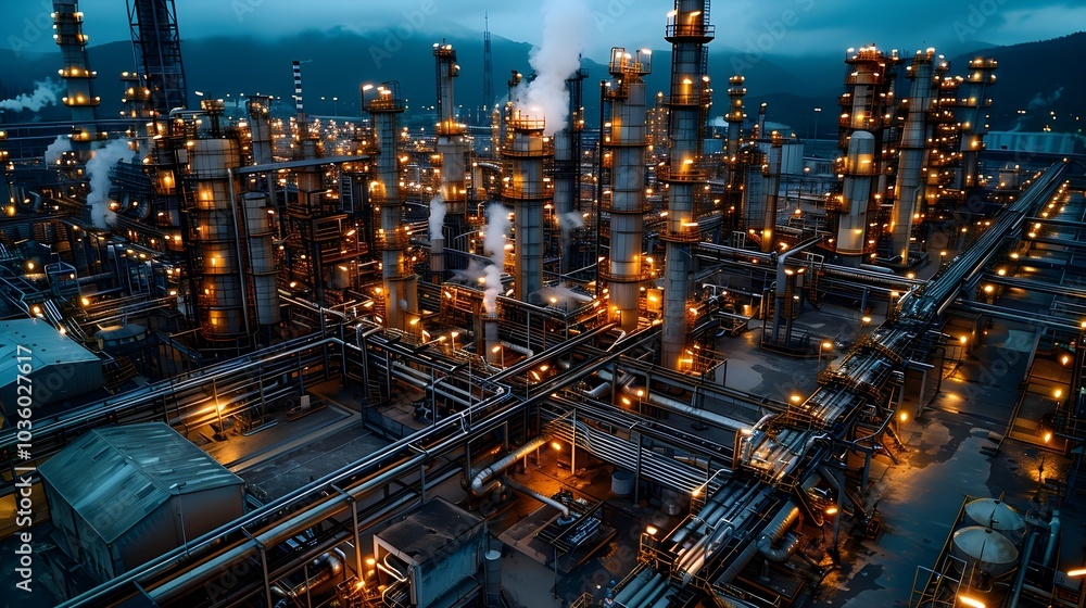 Illuminated Industrial Refinery at Night – Factory Skyline with Pipes and Towers. Illuminated Industrial Refinery at Night – Factory Skyline with Pipes and Towers.