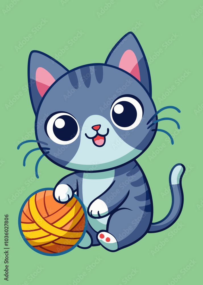 Cute funny cat playing with yarn balls, wool socks. Playful mischievous kitten in festive reindeer antlers. Feline Christmas fun, winter holiday. Flat vector illustration isolated on white background Cute funny cat playing with yarn balls, wool socks. Playful mischievous kitten in festive reindeer antlers. Feline Christmas fun, winter holiday. Flat vector illustration isolated on white background