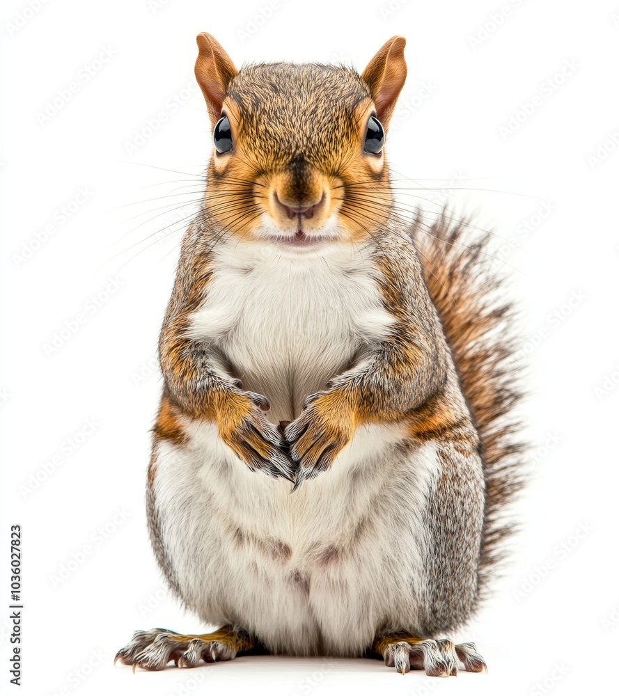 A cute squirrel sitting on its hind legs looking straight at the camera with its paws folded in front of it. A cute squirrel sitting on its hind legs looking straight at the camera with its paws folded in front of it.