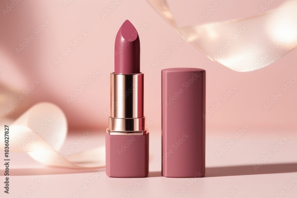 Elegant pink lipstick in a matte and metallic tube, standing upright with the cap beside it, casting soft shadows on a light background