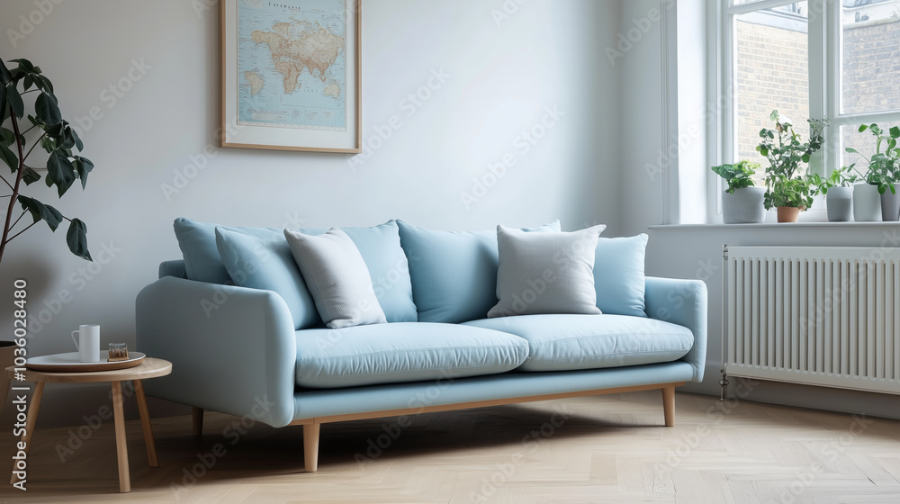 Minimalist interior design of modern living room with blue sofa and wooden side table
Minimalist interior design of modern living room with blue sofa and wooden side table