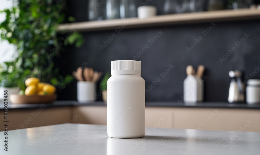 a white supplement bottle on a kitchen counter a white supplement bottle on a kitchen counter