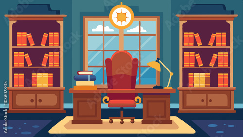 The judges chambers complete with a large desk bookshelves and a comfortable armchair.