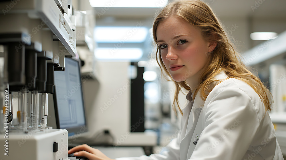 A woman in a lab coat is typing on a computer A woman in a lab coat is typing on a computer