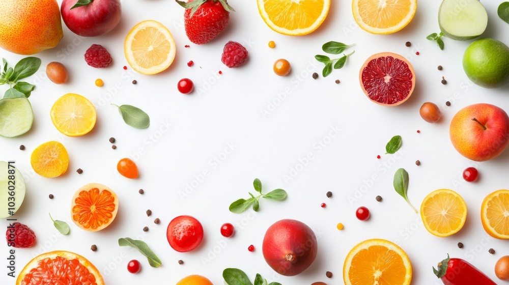 A frame of fresh fruits and vegetables on a white background. A frame of fresh fruits and vegetables on a white background.