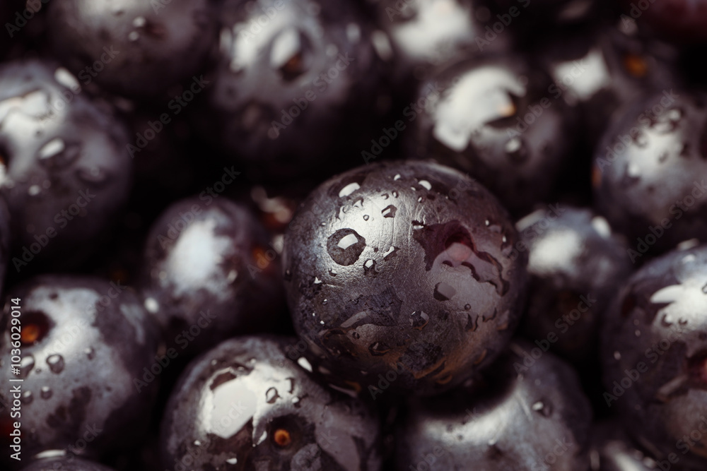 Wet acai berries as background, closeup view