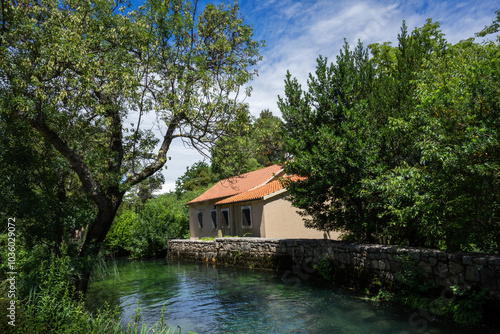 Ein traditionelles Haus direkt an einem kleinen Bach und grünen Bäumen im Krka Nationalpark photo