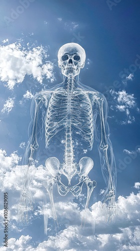 Human skeleton standing with arms outstretched against cloudy sky