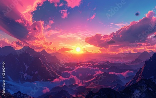 Amazing bright sunset over rocky cloudy mountains