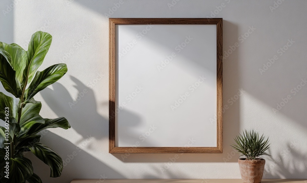 a photograph of landscape blank white canvas in a wooden frame on a minimal wall a photograph of landscape blank white canvas in a wooden frame on a minimal wall