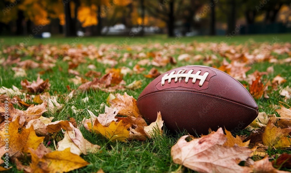 A football resting on a lush, green grassy field scattered with autumn leaves, capturing the serene yet competitive atmosphere of the early fall sports season A football resting on a lush, green grassy field scattered with autumn leaves, capturing the serene yet competitive atmosphere of the early fall sports season