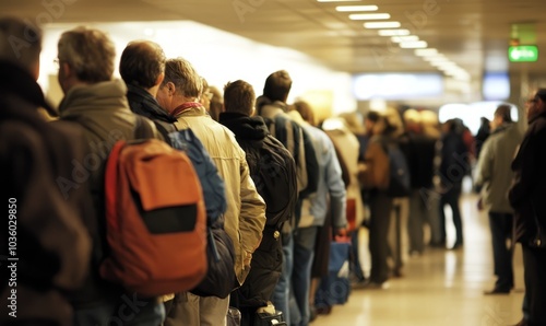 A long line of passengers waits at an airport gate, likely for a delayed or canceled flight due to overbooking