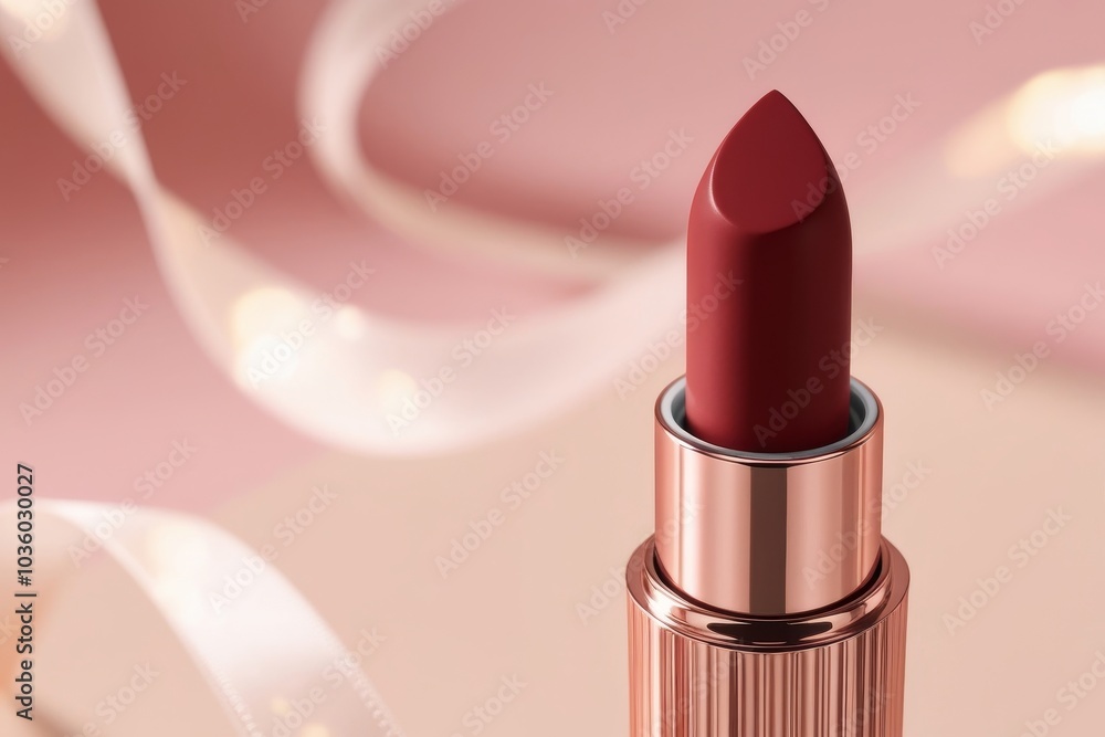 Matte lipstick mockup in bold color with the cap partially off, standing tall on a sleek surface with a blurred, elegant background Matte lipstick mockup in bold color with the cap partially off, standing tall on a sleek surface with a blurred, elegant background