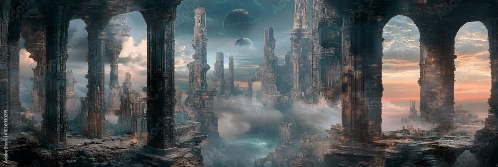Surreal Blending of Futuristic City and Ancient Ruins in Distorted Landscape Surreal Blending of Futuristic City and Ancient Ruins in Distorted Landscape