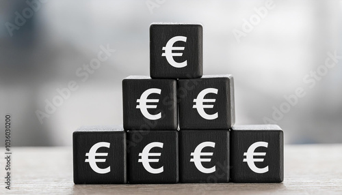 Stacked wooden cubes with EURO symbol forming pyramid. Business, finance and money