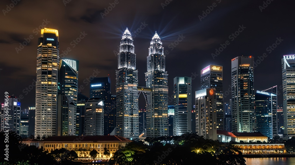 Fototapeta premium Night cityscape with tall skyscrapers illuminated by lights and a dark sky in the background.
