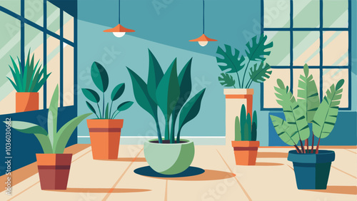 Tall potted plants are tered throughout the room bringing a bit of nature indoors.