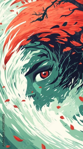 Surreal artistic interpretation of a hurricane with swirling wind and leaves concealing a hidden eye concept