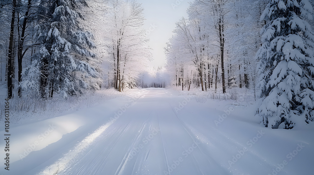 A snow covered road with trees in the background. The road is empty and quiet A snow covered road with trees in the background. The road is empty and quiet