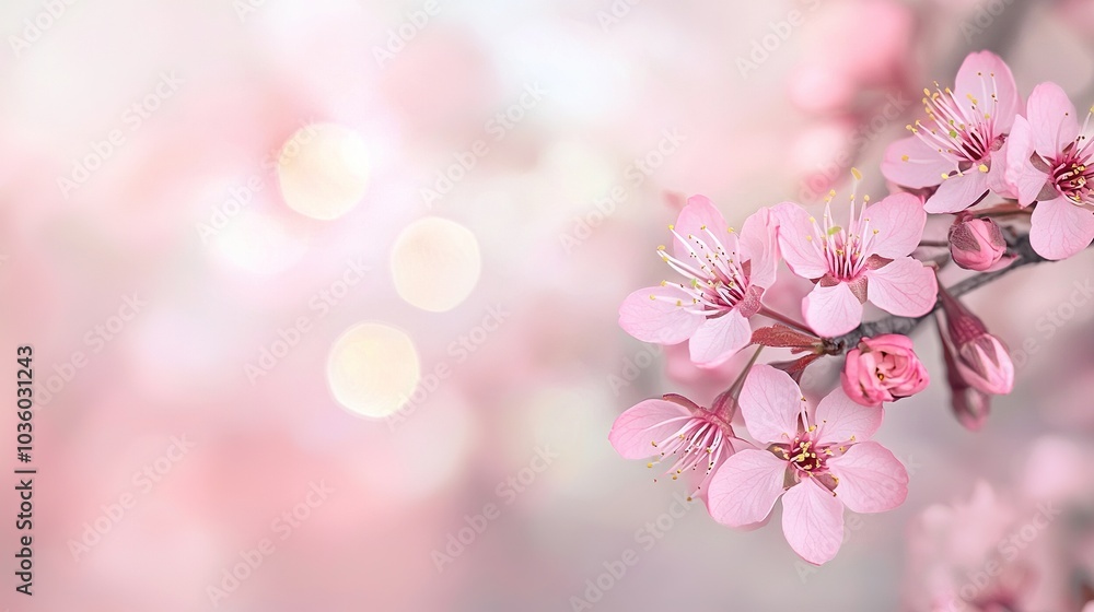 Pink flowers are blooming on a branch in front of a bokeh of white and pink blurry lights Pink flowers are blooming on a branch in front of a bokeh of white and pink blurry lights