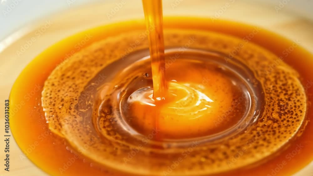 Honey flowing smoothly from a container, creating a mesmerizing swirl on a wooden surface. The golden honey catches the light beautifully in this close-up. Honey flowing smoothly from a container, creating a mesmerizing swirl on a wooden surface. The golden honey catches the light beautifully in this close-up.