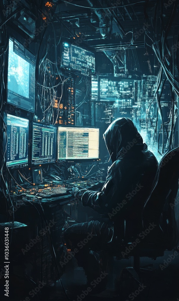 Hooded hacker working in dark room with monitors. Hooded hacker working in dark room with monitors.