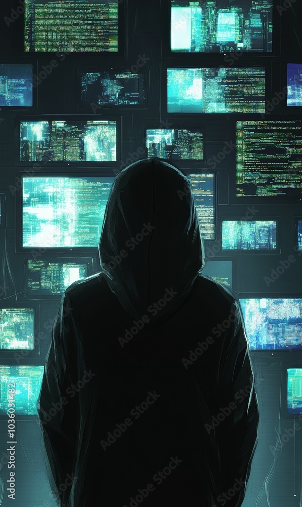 Hooded figure in front of glowing screens. Hooded figure in front of glowing screens.