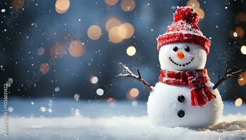 Cheerful Snowman with Red Accessories Smiling Against Bokeh Winter Background