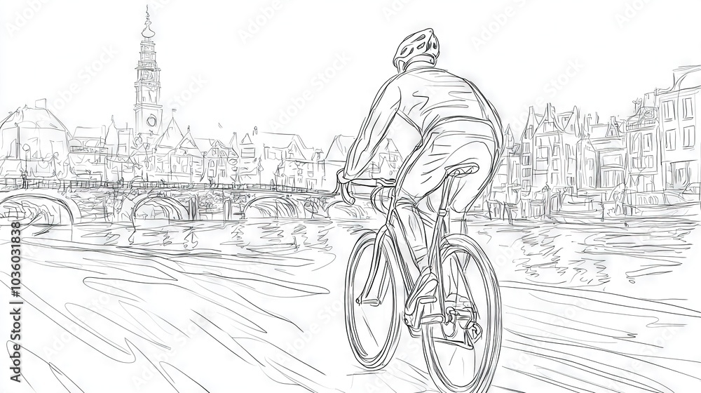 Obraz premium A man rides a bike on a street beside a river, with a bridge and clock tower in the backdrop