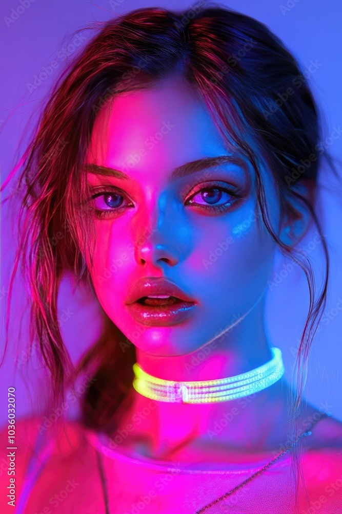 A bright neon portrait of a beautiful girl. A bright neon portrait of a beautiful girl.