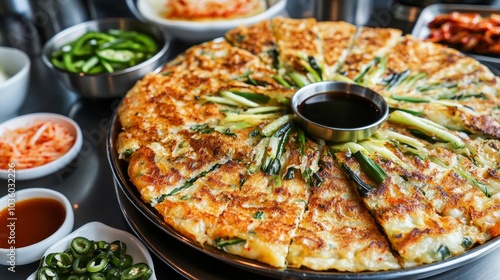 A delightful platter of Korean haemul pajeon, savory seafood and scallion pancakes served with soy dipping sauce, Pajeon platter centered photo