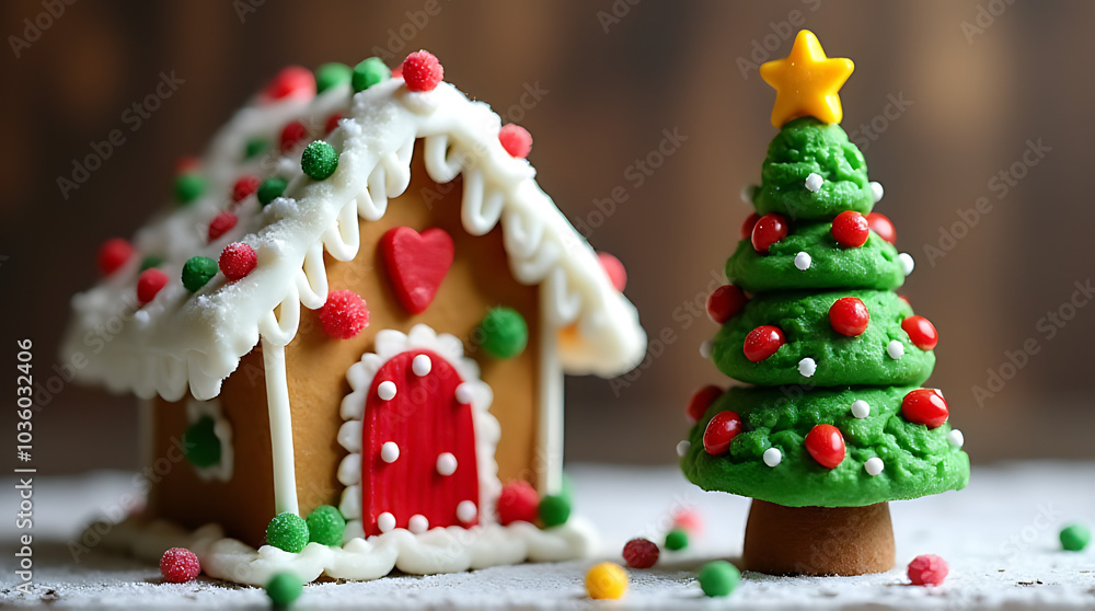 festive gingerbread house sits beside tiny christmas tree made entirely candy festive gingerbread house sits beside tiny christmas tree made entirely candy