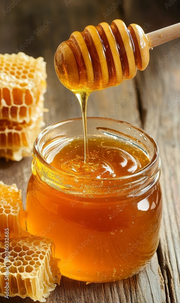 Honey pouring into jar with honeycomb. Honey pouring into jar with honeycomb.