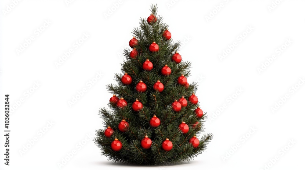A festive green Christmas tree adorned with shiny red ornaments, ready for holiday celebrations. A festive green Christmas tree adorned with shiny red ornaments, ready for holiday celebrations.