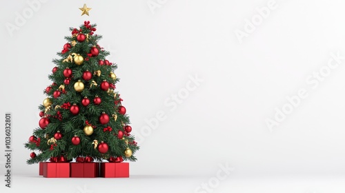 A beautifully decorated Christmas tree adorned with red and gold ornaments, standing next to vibrant red presents against a minimalistic background.