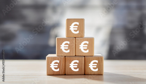 Stacked wooden cubes with EURO symbol forming pyramid. Business, finance and money