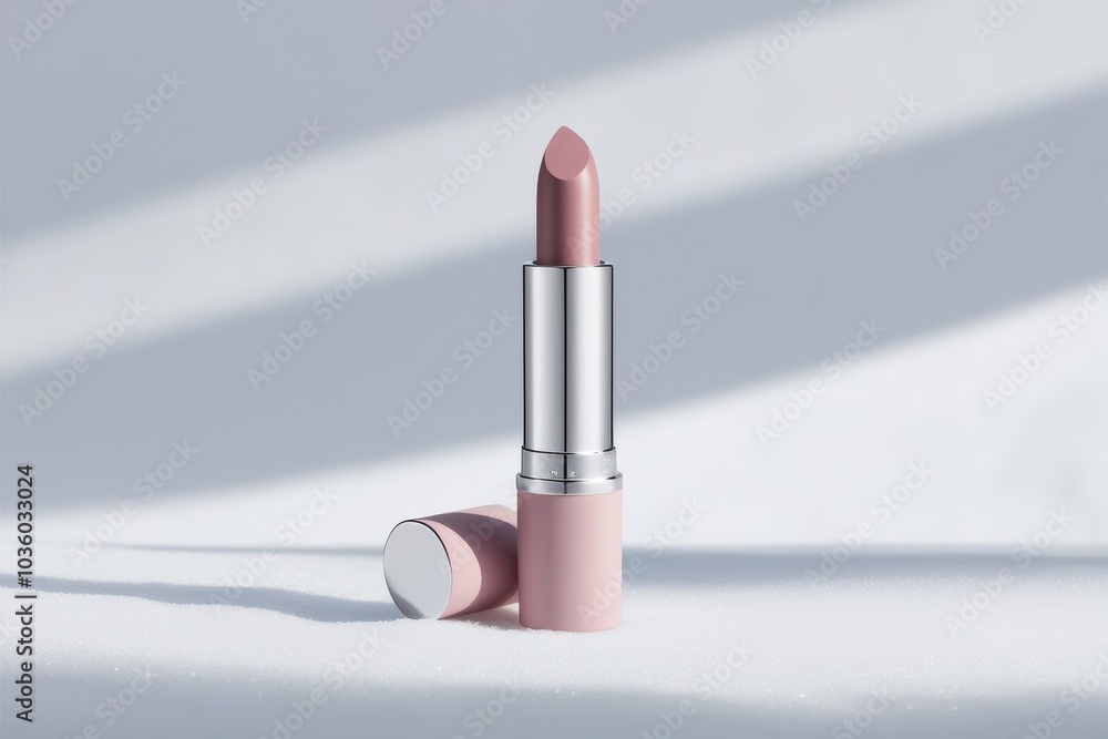 Pastel pink lipstick mockup in a reflective metal tube, positioned against a smooth, minimalist white background, ideal for beauty product presentations Pastel pink lipstick mockup in a reflective metal tube, positioned against a smooth, minimalist white background, ideal for beauty product presentations