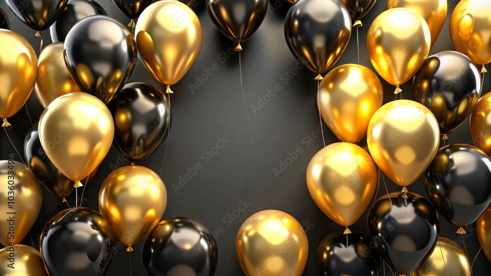 Black and gold balloons floating on a dark background with space for text Black and gold balloons floating on a dark background with space for text