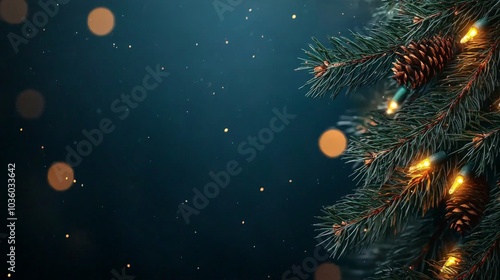 A decorated Christmas tree with sparkling lights and pinecones against a dark  festive background.