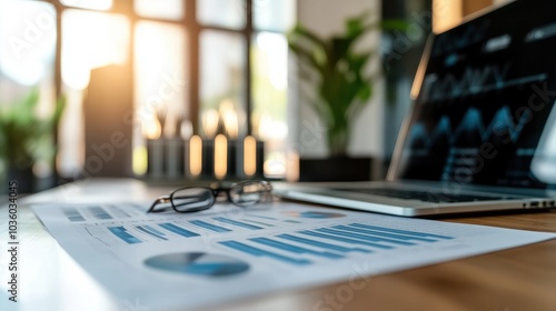 financial reports and graphs on a desk with a laptop, showcasing data analysis and business strategy.