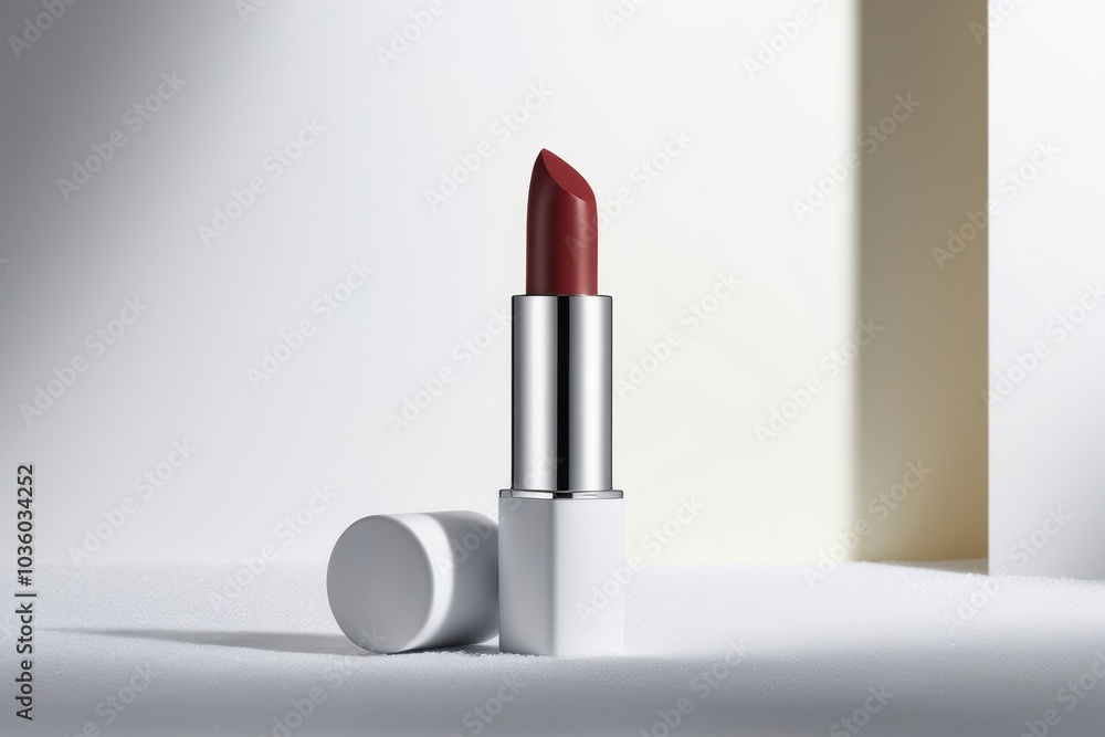 Elegant lipstick mockup with deep red shade, encased in a metallic tube, standing upright with its cap beside it, set on a light, modern background Elegant lipstick mockup with deep red shade, encased in a metallic tube, standing upright with its cap beside it, set on a light, modern background