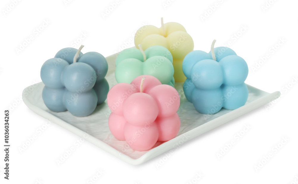 Many beautiful bubble candles isolated on white Many beautiful bubble candles isolated on white