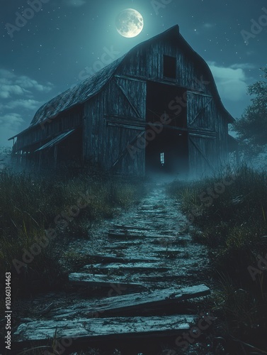 Abandoned Barn in Moonlit Night with Broken Path and Fog, Creating an Eerie and Mysterious Atmosphere