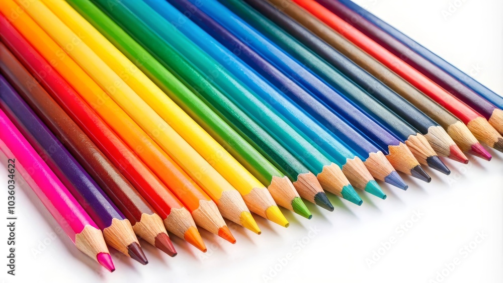 Row of many different colored pencils is standing on end on a white surface Row of many different colored pencils is standing on end on a white surface