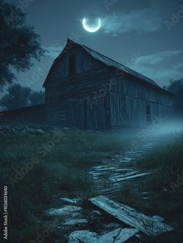 Abandoned Barn in Moonlit Night with Broken Path and Fog, Creating an Eerie and Mysterious Atmosphere